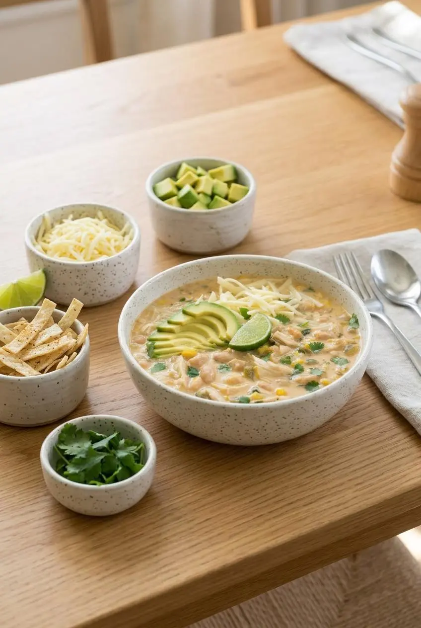 A bowl of white chicken chili on a wood table, surrounded by small bowls of toppings including shredded cheese, avocado, cilantro, and