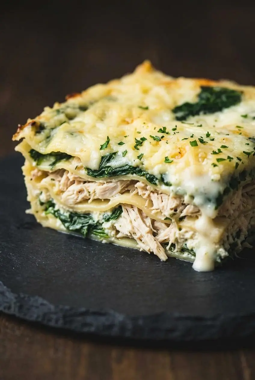 A close-up, detailed view of a white chicken lasagna slice on a dark slate plate, showcasing the distinct, creamy layers.