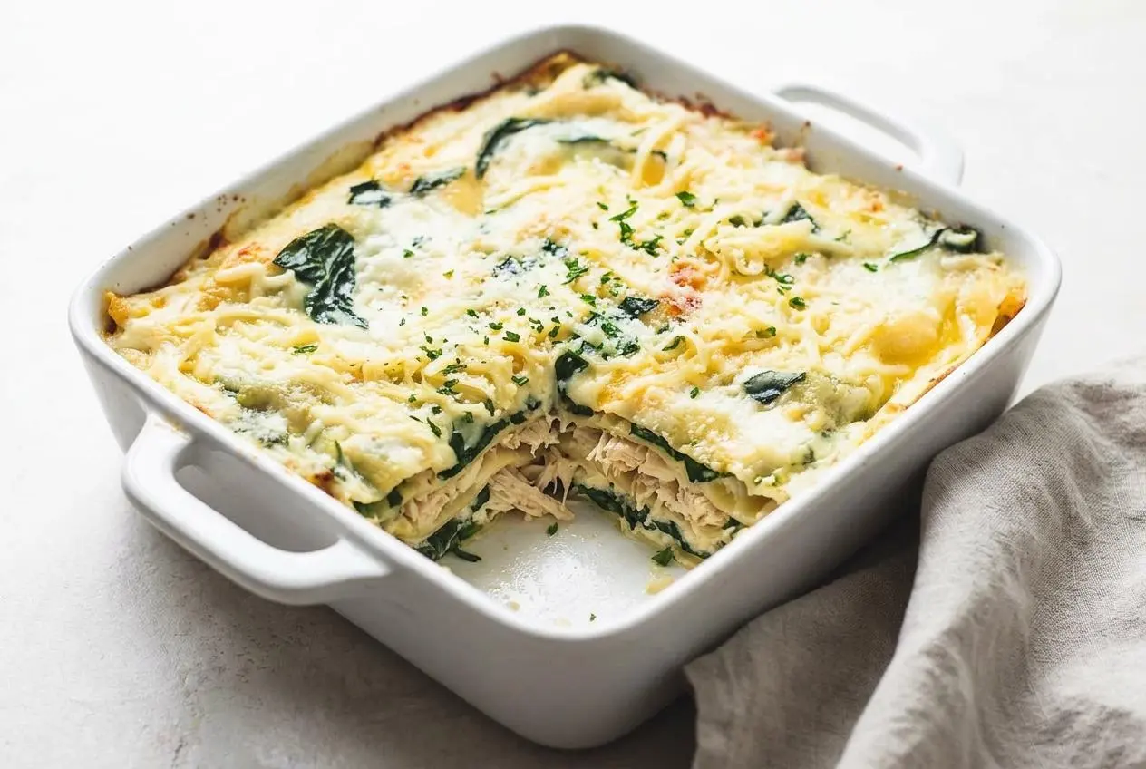 A single slice of White Chicken Lasagna on a white plate, showing creamy layers of chicken and spinach with a golden brown cheesy top.