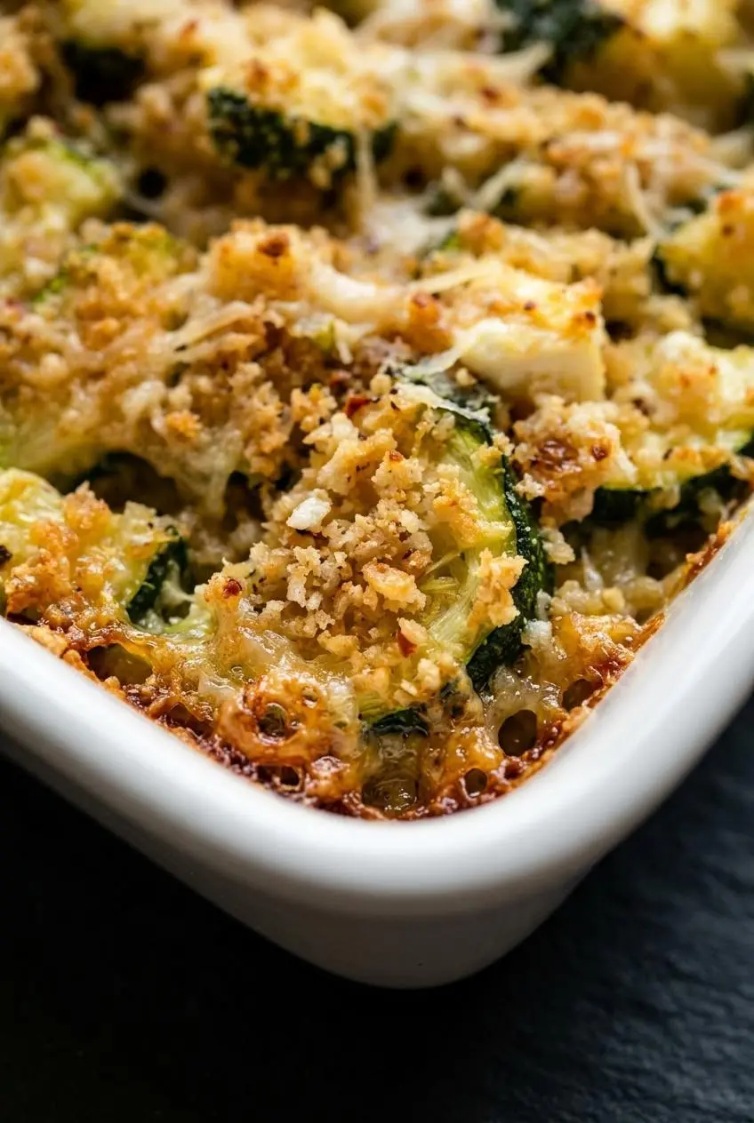 A detailed close-up of a zucchini casserole's corner, highlighting the crunchy texture of the golden-brown Panko breadcrumb topping.