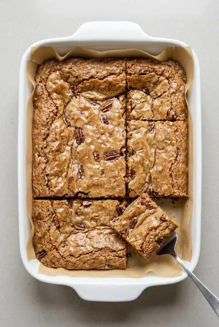 Alabama Chew Bread squares cut in a parchment-lined baking pan with one square lifted on a spatula.