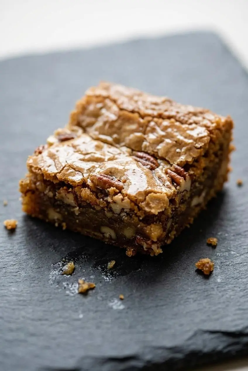 Macro close-up of a chewy Alabama Chew Bread square showing a shiny crinkly crust and fudgy nut-filled center.