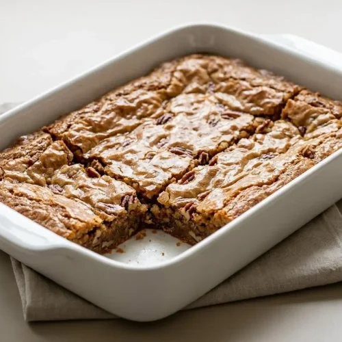 Golden chewy Alabama Chew Bread squares featuring a crinkly paper-thin top crust and chopped nuts.