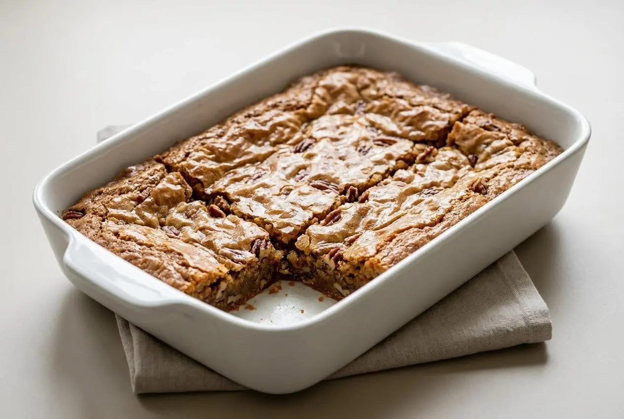 Golden chewy Alabama Chew Bread squares featuring a crinkly paper-thin top crust and chopped nuts.