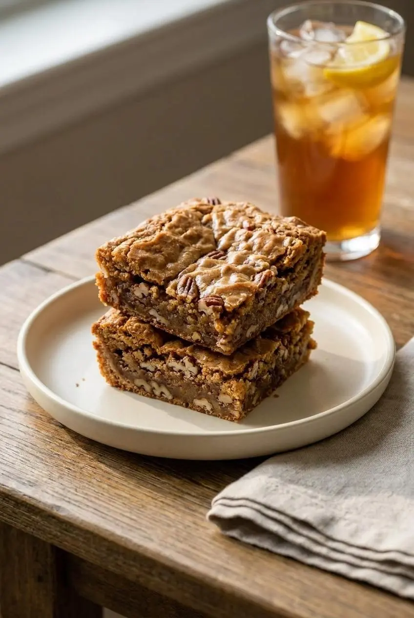 Two stacked squares of Alabama Chew Bread served on a ceramic plate beside sweet tea.