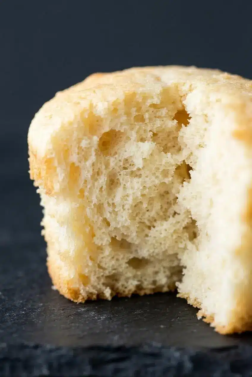 A torn open unfrosted angel food cupcake on dark slate showing an ultra-detailed, light, and springy crumb structure.