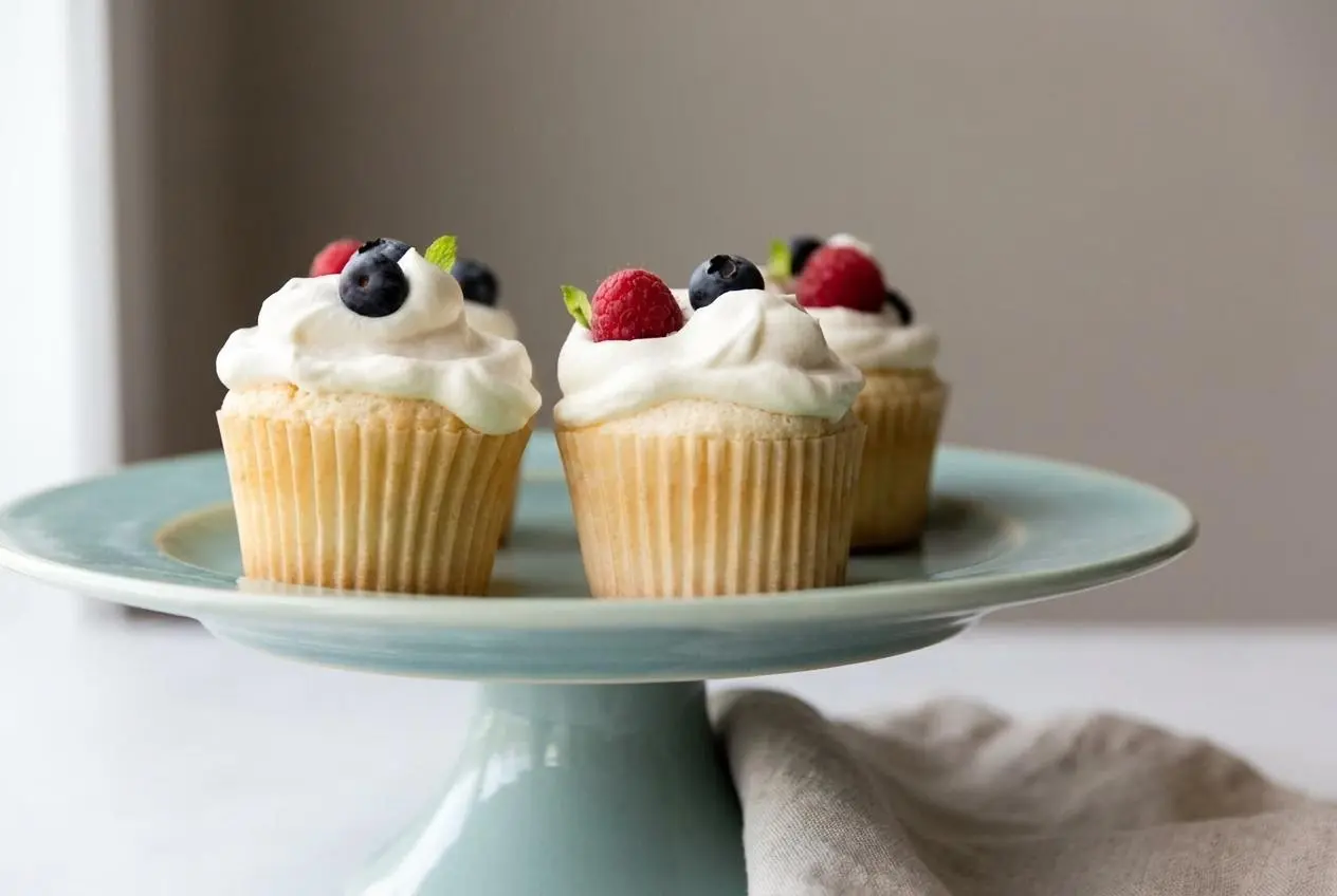 Frosted Angel Food Cupcakes topped with pristine whipped cream and fresh berries in a clean kitchen setting.
