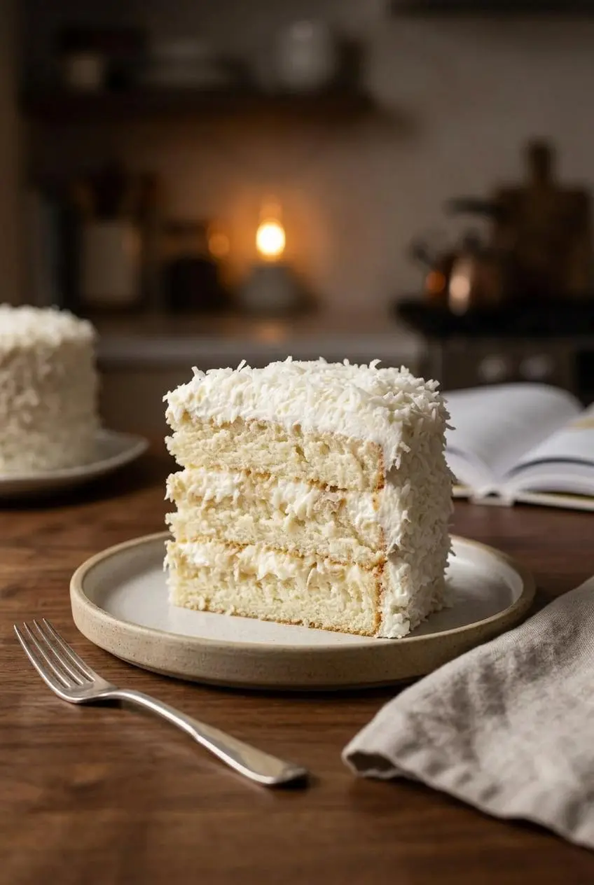 A single plated slice of airy coconut cake on a dark wooden table with a dessert fork.