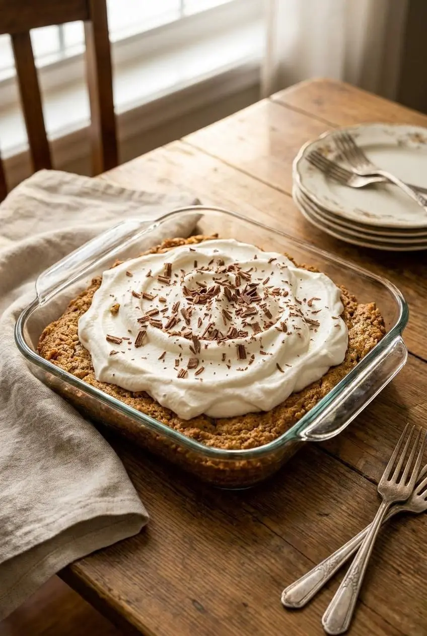 Square glass dish with baked Appalachian Ritz Torte garnished with dark chocolate shavings on a wooden table.