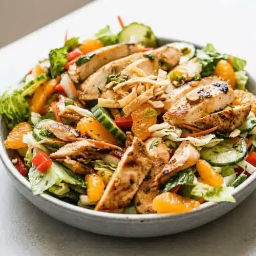 Asian chicken salad with cabbage, mandarin oranges, carrots, cucumber, almonds, and sliced grilled chicken.