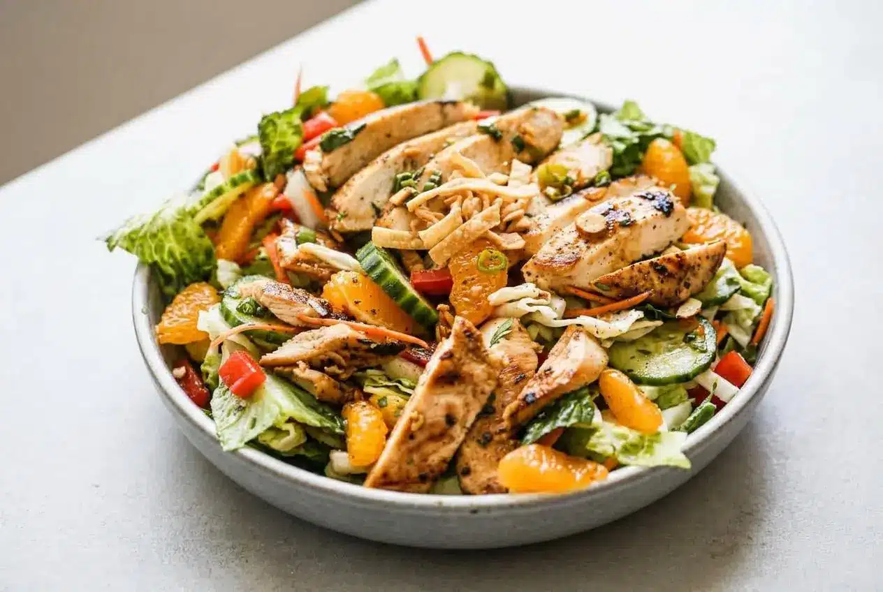 Asian chicken salad with cabbage, mandarin oranges, carrots, cucumber, almonds, and sliced grilled chicken.