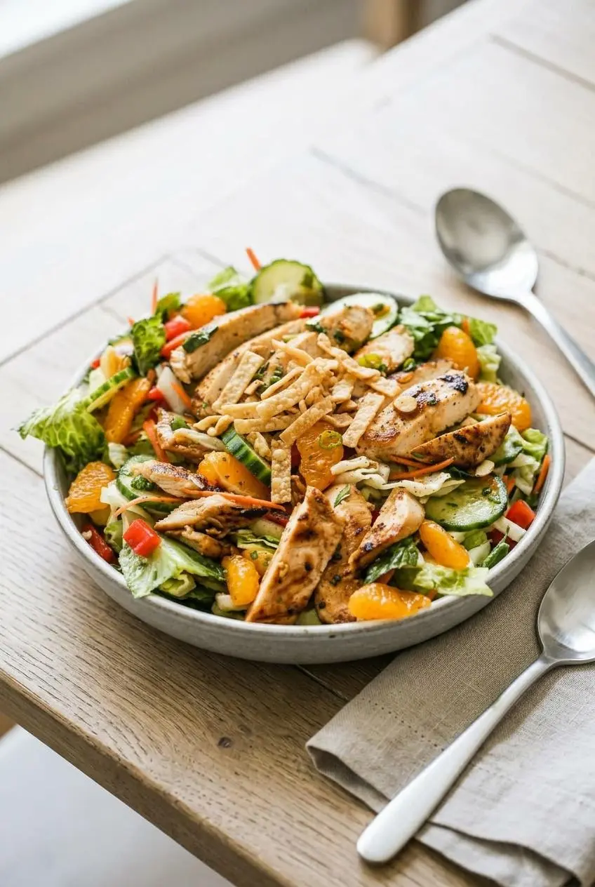 Finished Asian chicken salad in a light ceramic bowl, topped with crispy golden-brown wonton strips.