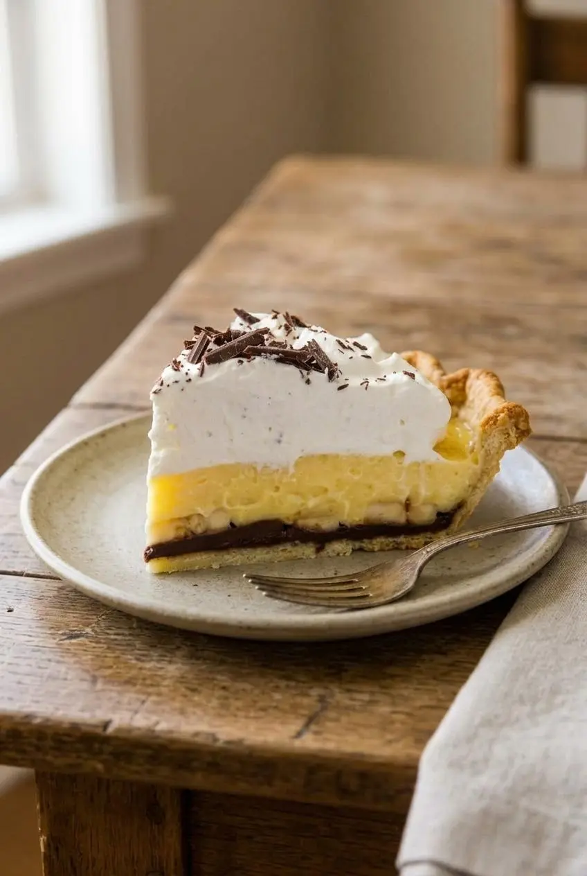 A neat slice of chocolate banana cream pie on a ceramic plate with a vintage fork.