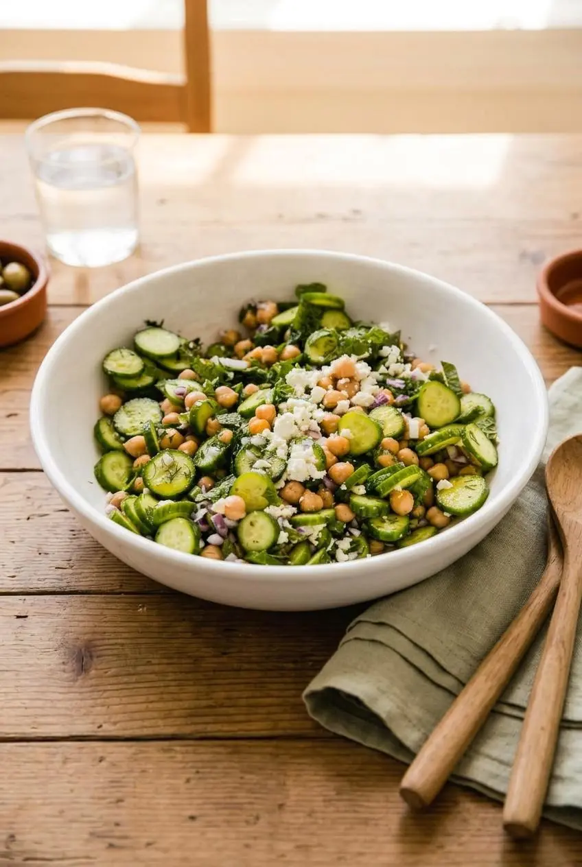 Fully assembled chickpea and cucumber salad in a serving bowl on a rustic wooden table with serving spoons.