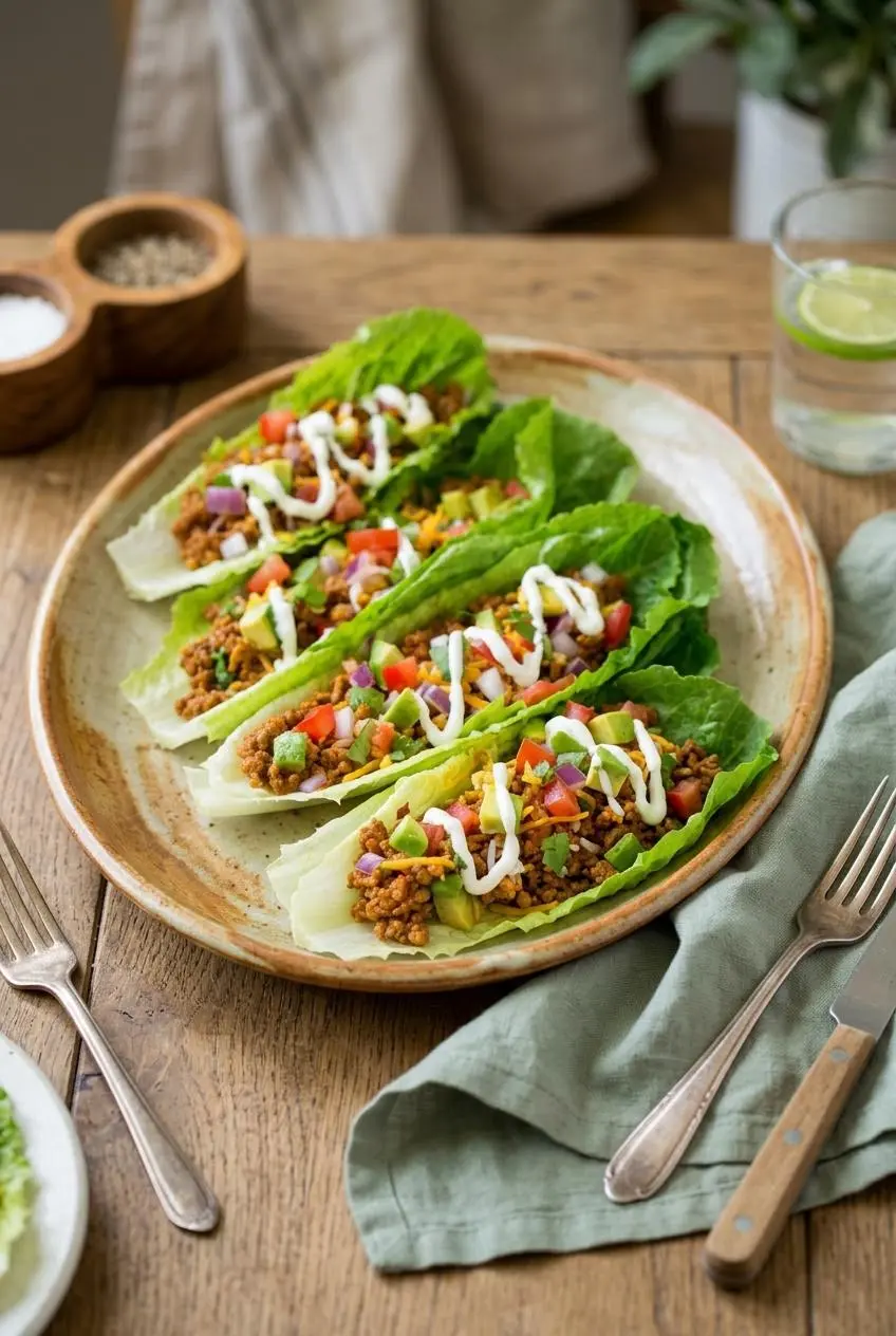 Platter of assembled taco lettuce wraps topped with diced tomatoes, red onion, avocado, and cilantro.