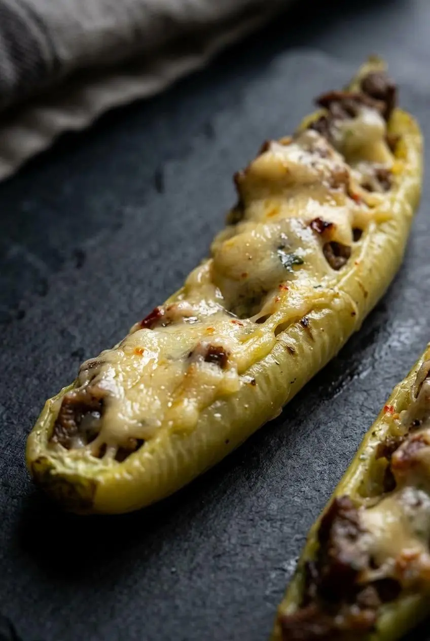 Close-up of a single baked banana pepper half showing blistered yellow skin and bubbly browned gouda cheese.