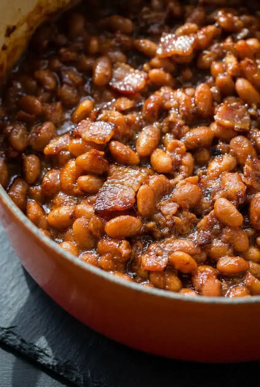 Macro detail of tender navy beans coated in a rich dark molasses sauce with crispy bacon.