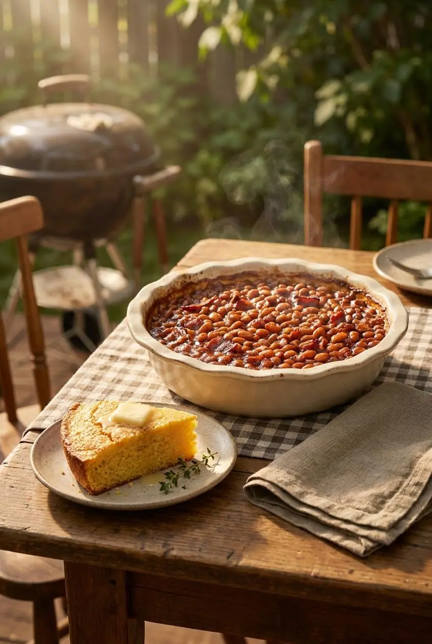 Baked beans served in a ceramic dish alongside a wedge of golden skillet cornbread.