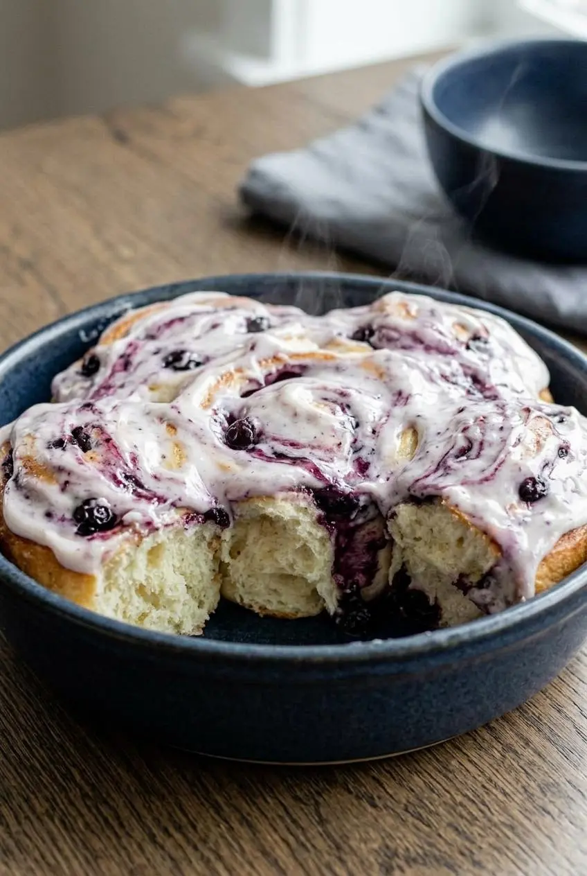 Freshly baked blueberry cinnamon rolls with melting cream cheese glaze in a dark blue baking dish.