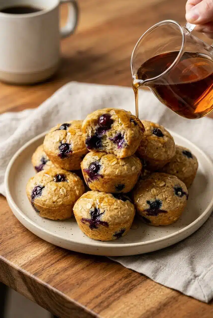 Warm blueberry pancake poppers piled on a plate with amber maple syrup drizzled on top.