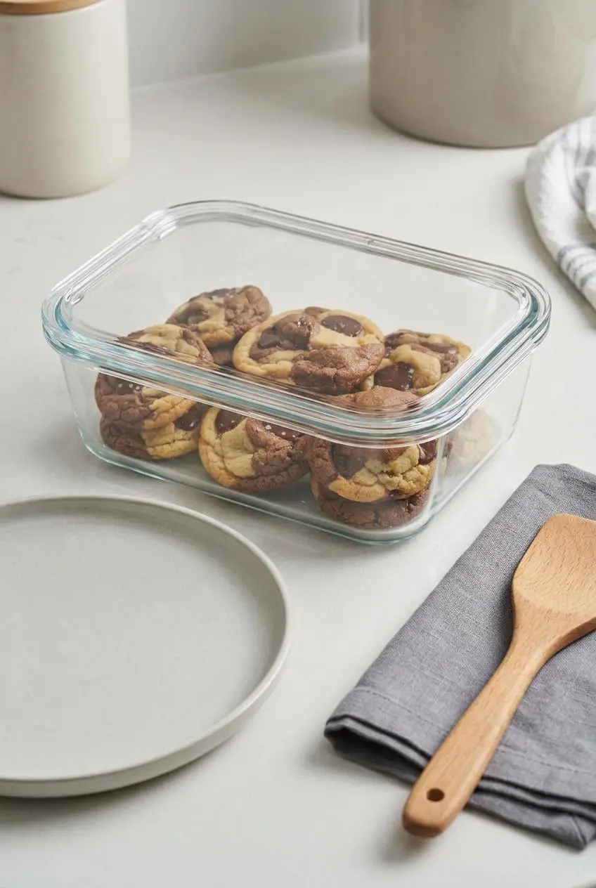 Baked marbled cookies arranged neatly inside a clear glass airtight storage container on a bright kitchen counter.