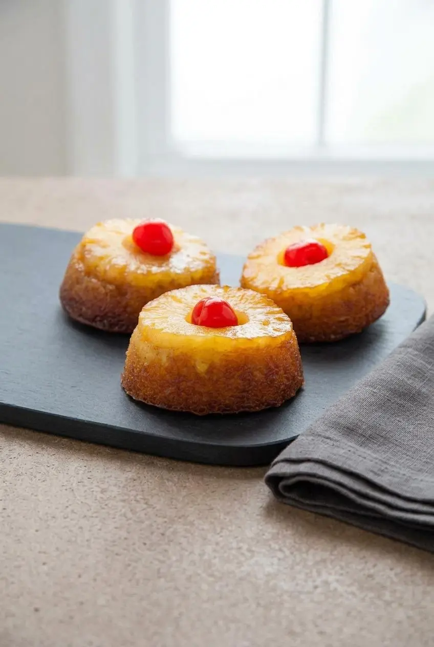 Three mini pineapple upside down cakes served on a matte stone platter with a linen napkin.