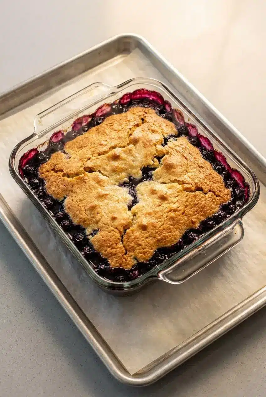 Freshly baked blueberry sonker in an eight-inch square ceramic dish resting on a parchment-lined baking sheet.
