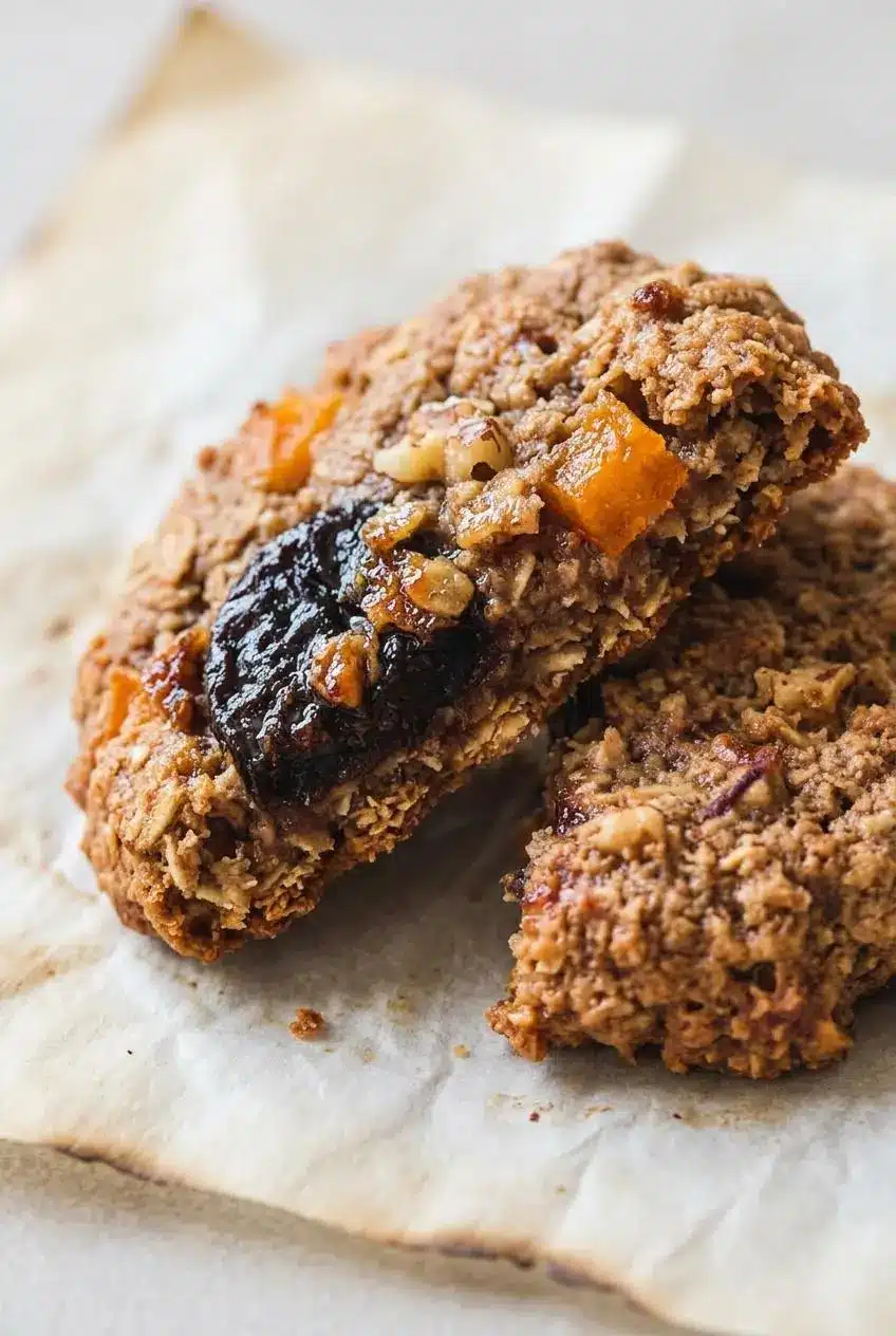 Macro view of a single baked oat cookie on parchment paper, showing a golden-brown bottom.
