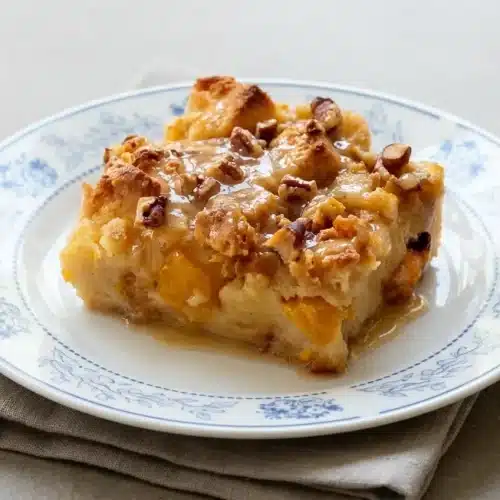 Baked peach bread pudding with a golden pecan topping and juicy peaches in a ceramic dish.