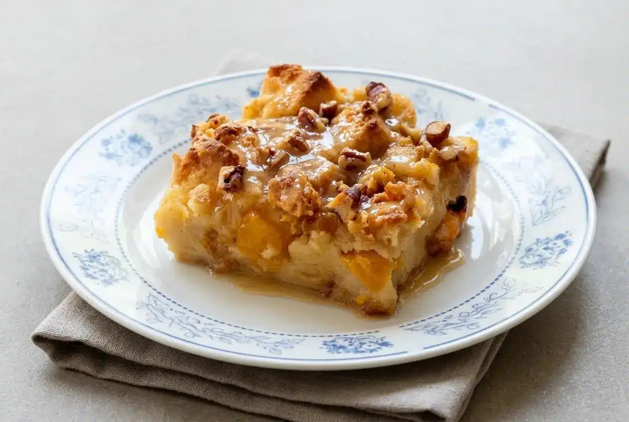 Baked peach bread pudding with a golden pecan topping and juicy peaches in a ceramic dish.