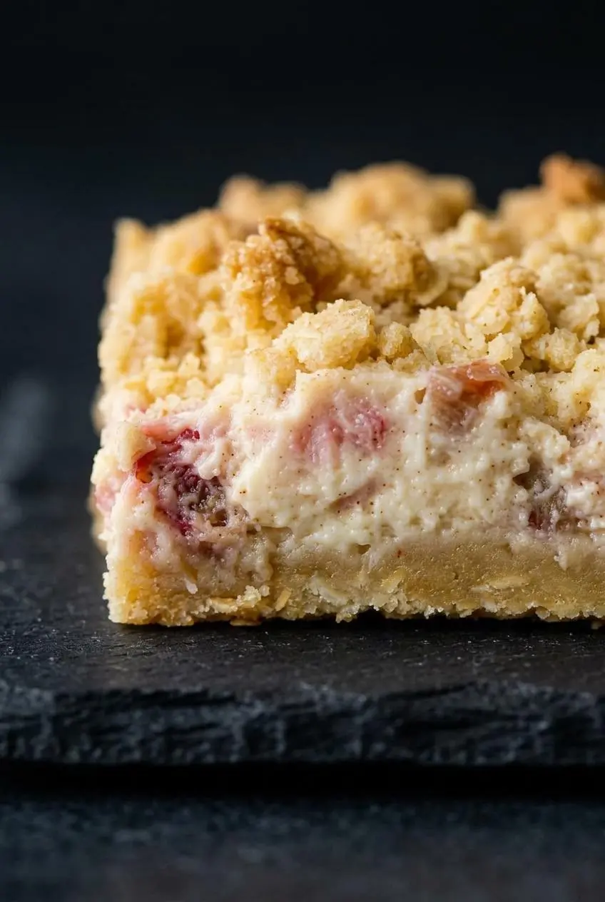 Close up of a neatly sliced rhubarb dessert bar on a dark slate surface revealing a tender oat crust, smooth cream cheese center, and