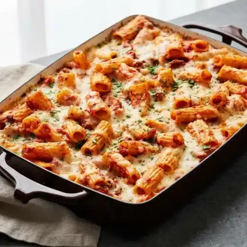 Baked rigatoni pasta with a bubbling, golden-brown mozzarella cheese topping and rich red meat sauce.