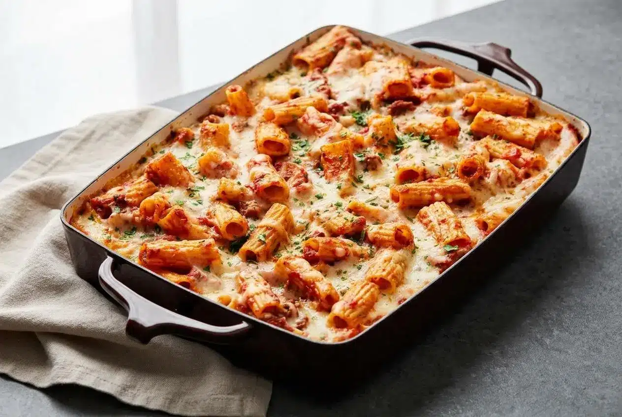 Baked rigatoni pasta with a bubbling, golden-brown mozzarella cheese topping and rich red meat sauce.