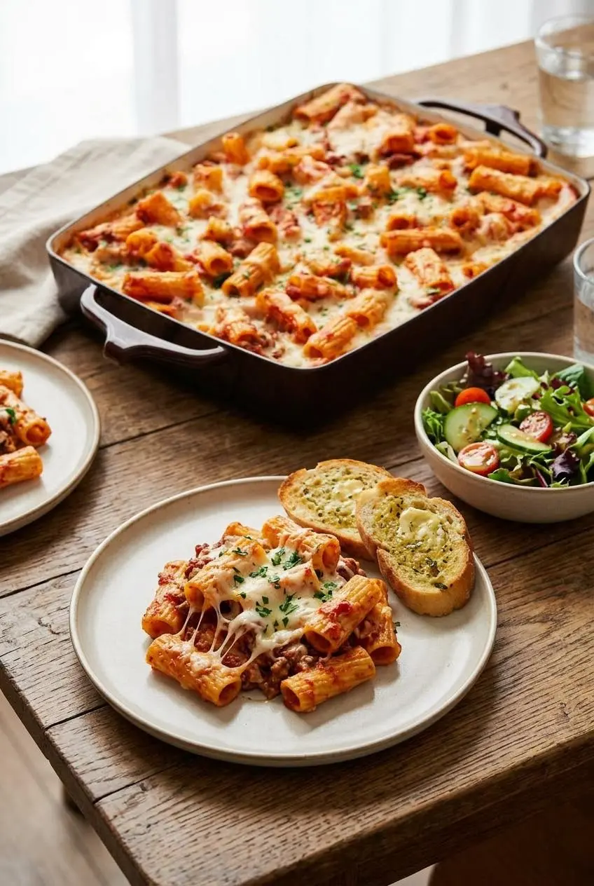 A plated serving of baked rigatoni with fresh parsley, paired with a side green salad and warm garlic bread.