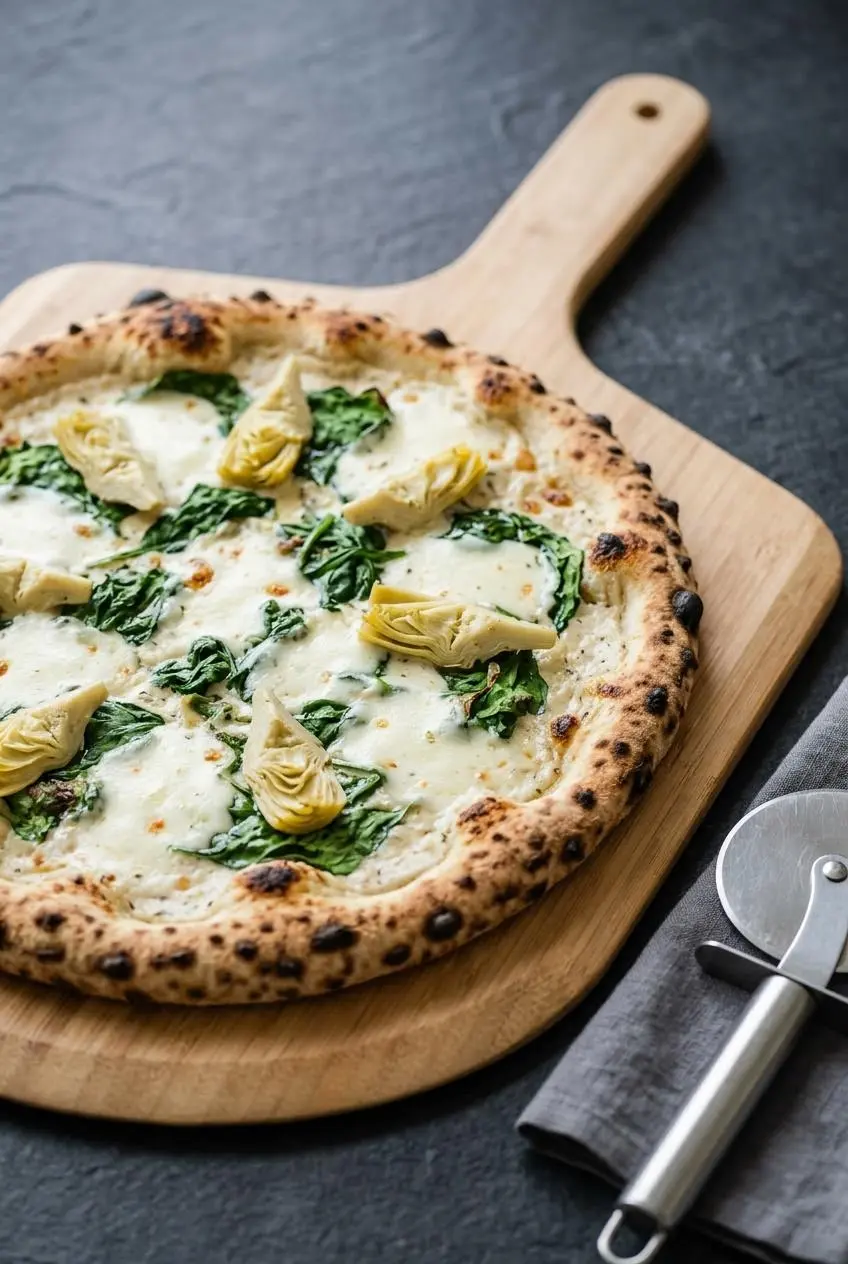 Baked white pizza on a wooden peel topped with fresh mozzarella, wilted spinach, and artichoke hearts.