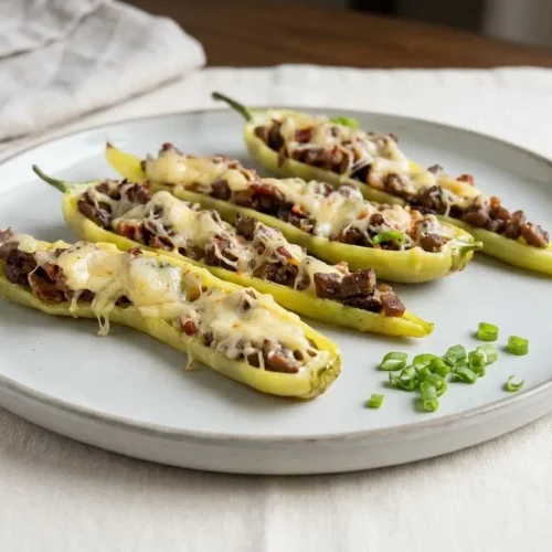 Baked banana pepper halves stuffed with seasoned beef and topped with bubbly, melted gouda cheese.