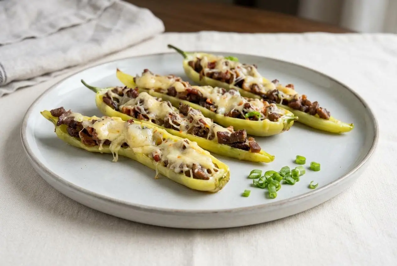Baked banana pepper halves stuffed with seasoned beef and topped with bubbly, melted gouda cheese.