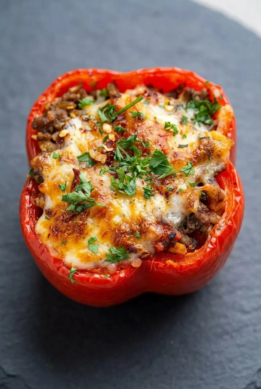 A close-up of a baked red stuffed pepper with bubbling, melted cheese, toasted edges, parsley, and red pepper flakes.