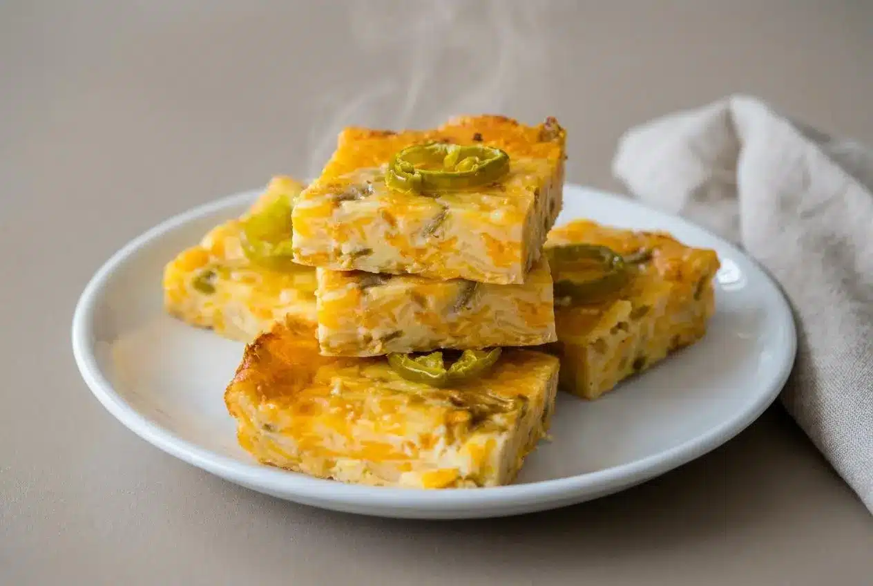 Golden baked Texas Fudge squares topped with jalapeño slices in a baking dish