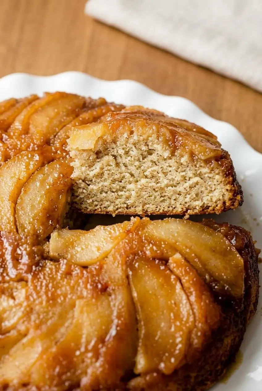 Close up of a moist slice of apple upside down cake showing tender Granny Smith slices in dark amber glaze.
