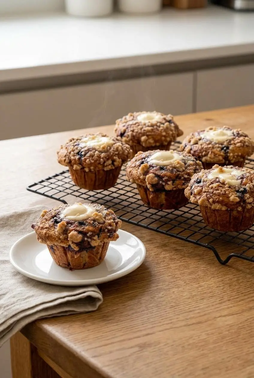 Freshly baked blueberry cream cheese muffins cooling on a wire rack next to a small white plate.