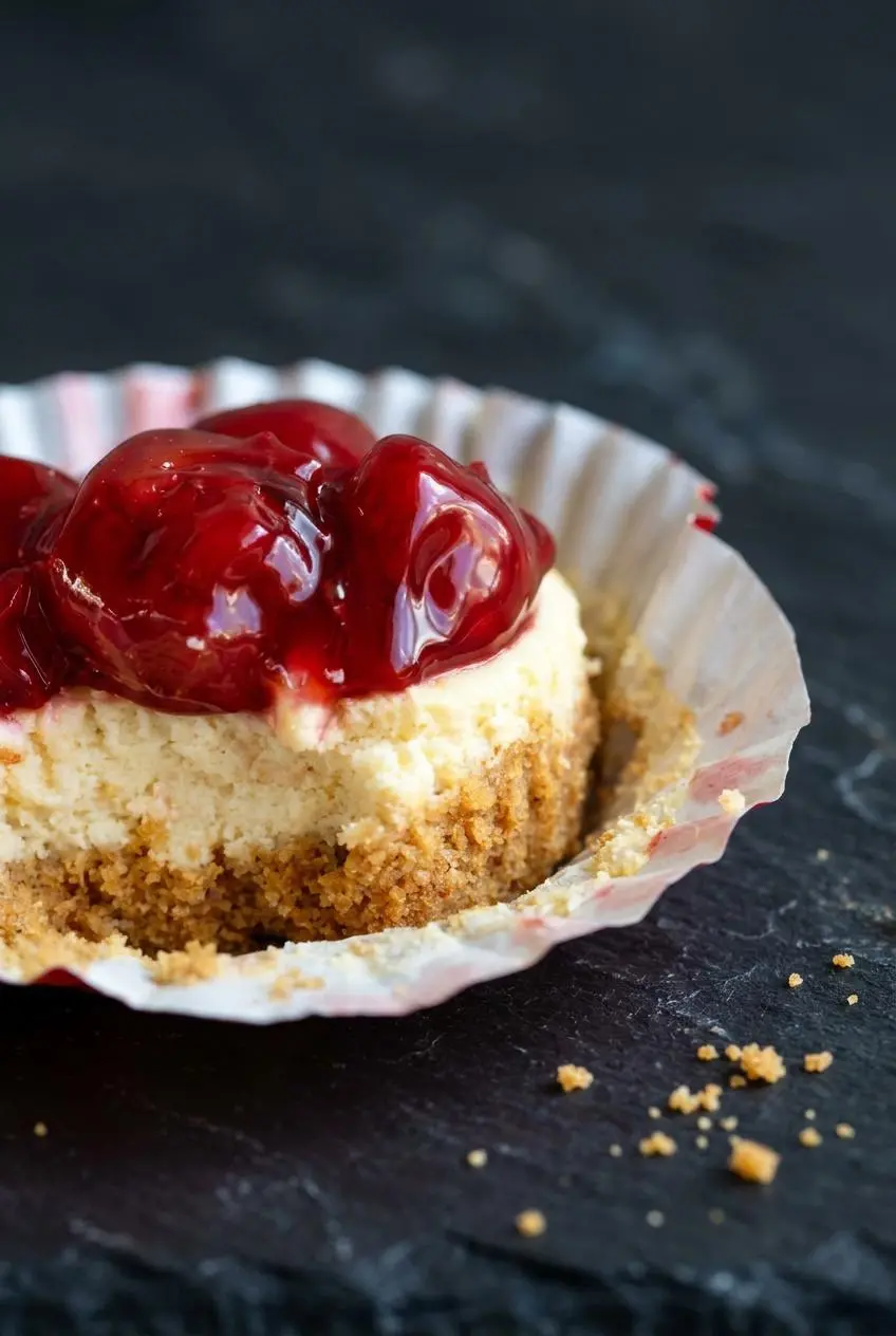 Macro view of a baked mini cheesecake cupcake peeling from its paper liner, showing a crack-free smooth surface and graham crust.