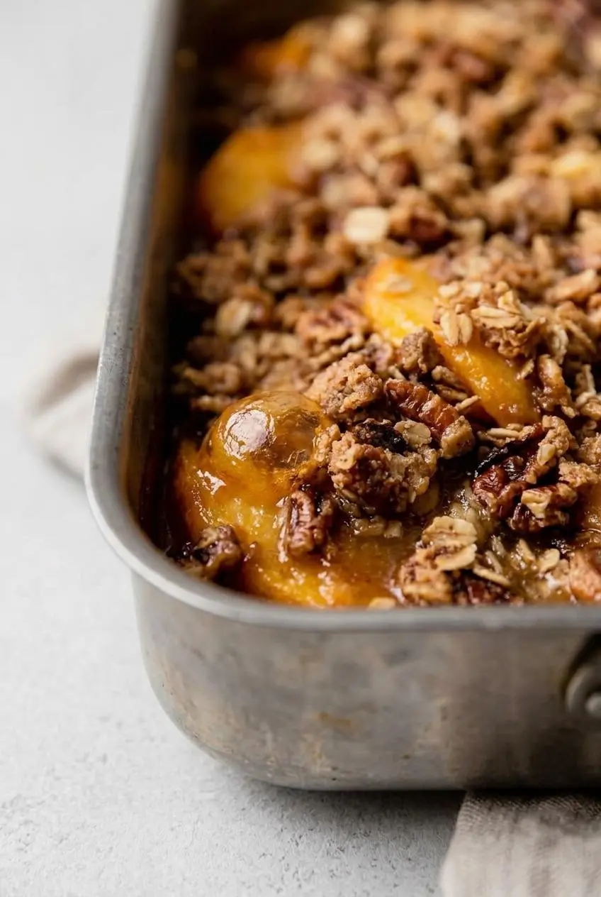 Close-up of a peach crisp corner showing thick, bubbling fruit syrup and golden toasted oats.