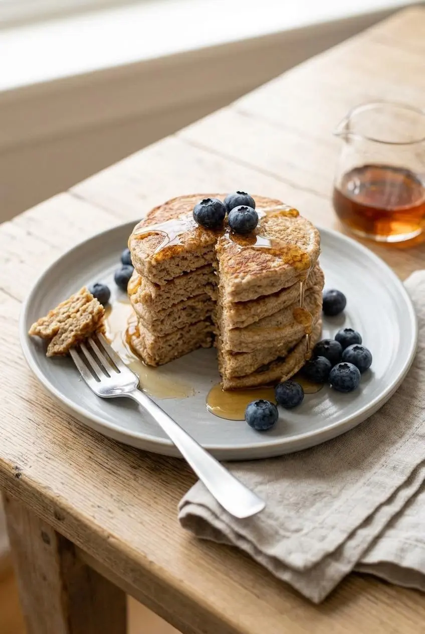 A stack of three fluffy protein pancakes served on a plate with fresh blueberries and maple syrup.
