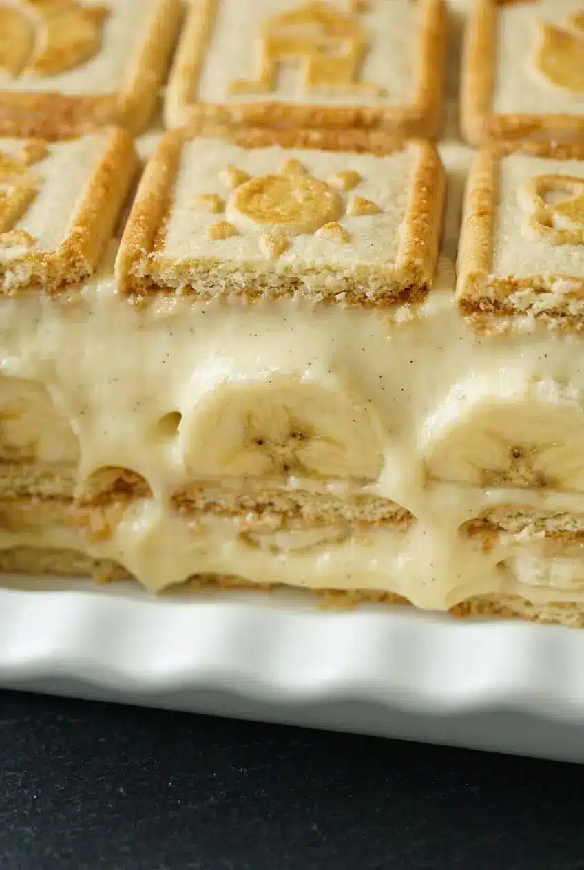 A close-up cross-section of banana pudding showing the creamy pale-yellow filling and soft shortbread cookies.
