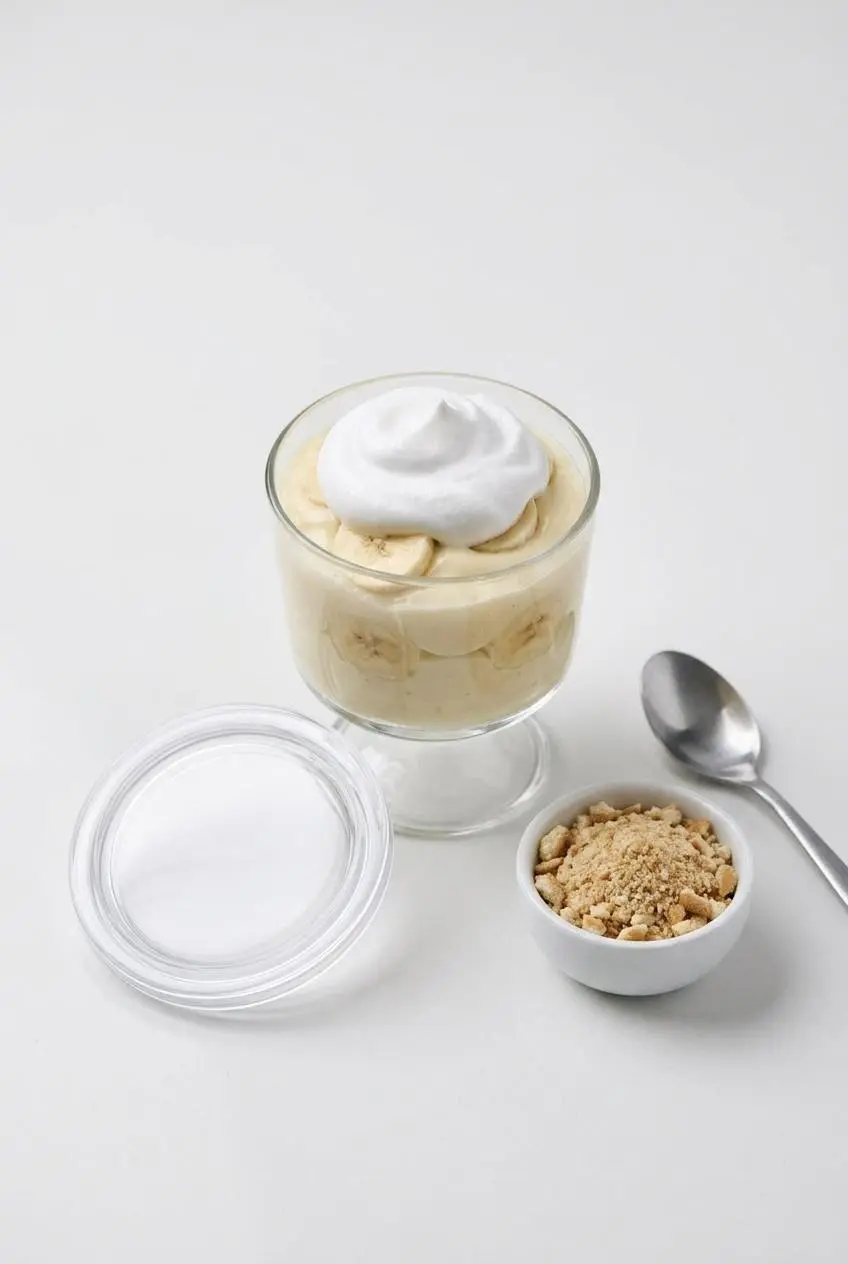 A glass jar of layered pudding next to its storage lid and a small bowl of dry crushed wafers on a white counter.