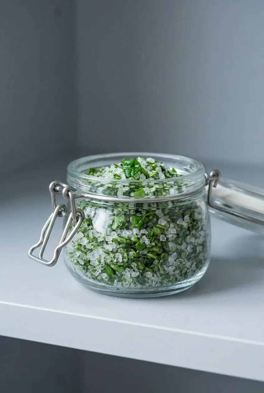 Vibrant green basil salt stored in a clear, airtight glass mason jar on a cool pantry shelf.