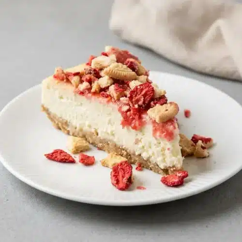 A slice of Berrylicious Strawberry Crunch Cheese Cake with silky filling and a crisp cookie crumble topping.