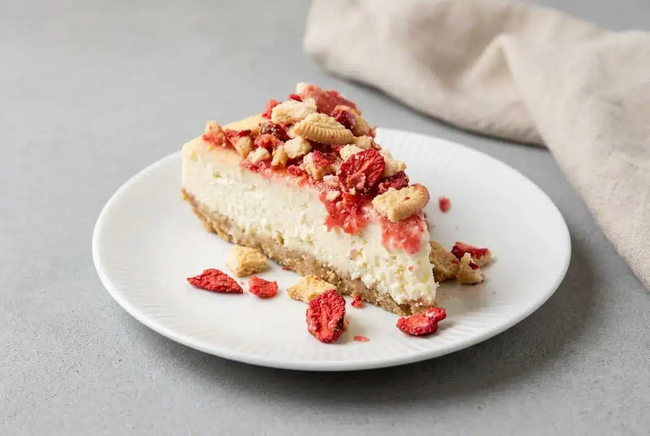 A slice of Berrylicious Strawberry Crunch Cheese Cake with silky filling and a crisp cookie crumble topping.