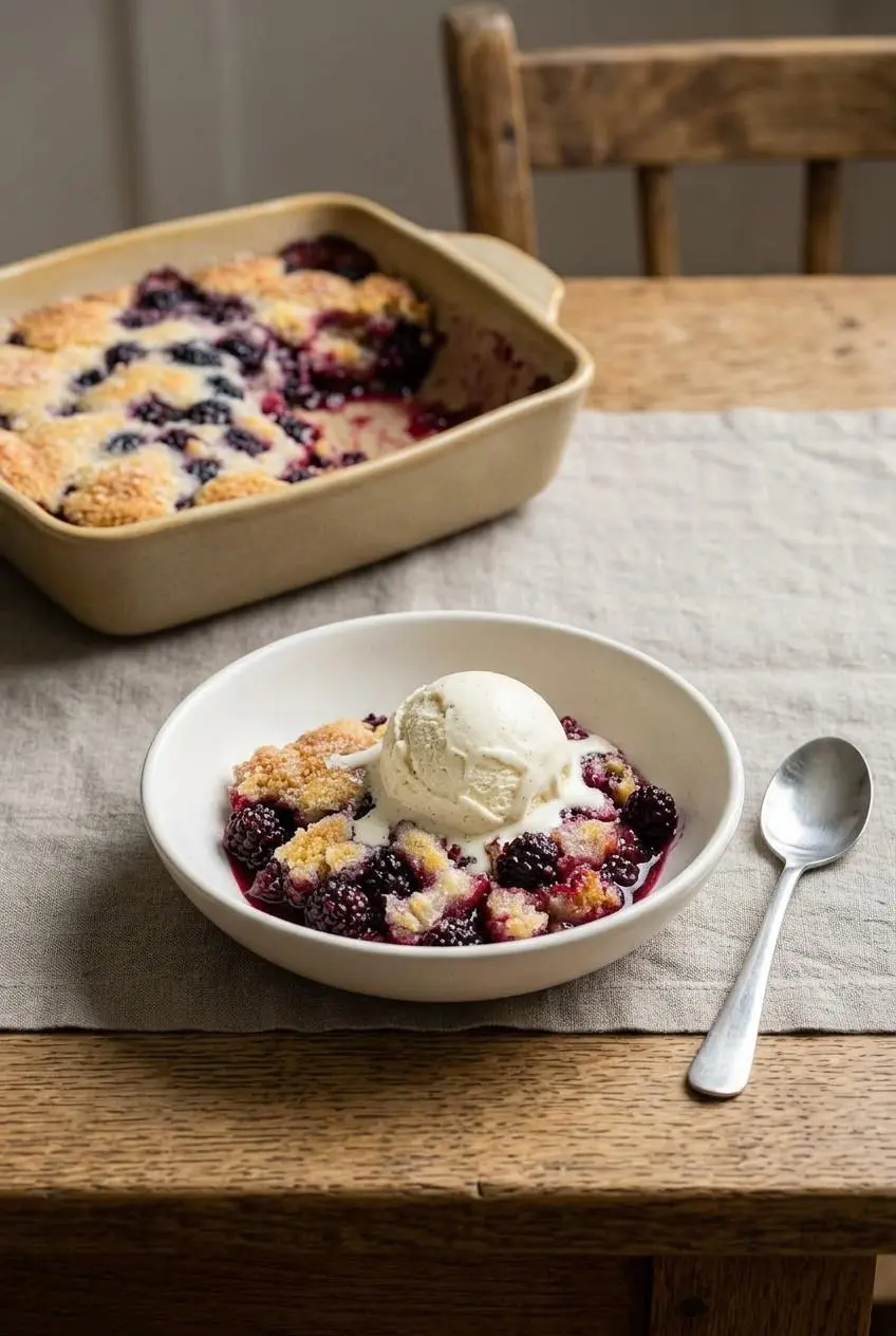 A warm scoop of blackberry cobbler topped with melting vanilla bean ice cream in a white bowl.